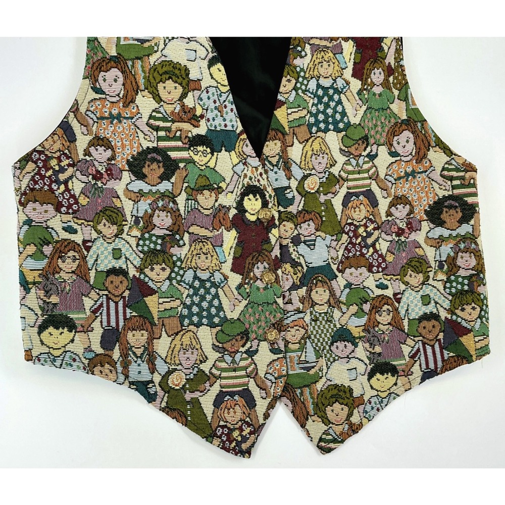 Vintage Children of the World Print Brocade Open Front Vest Teacher Kidcore - Picture 13 of 14